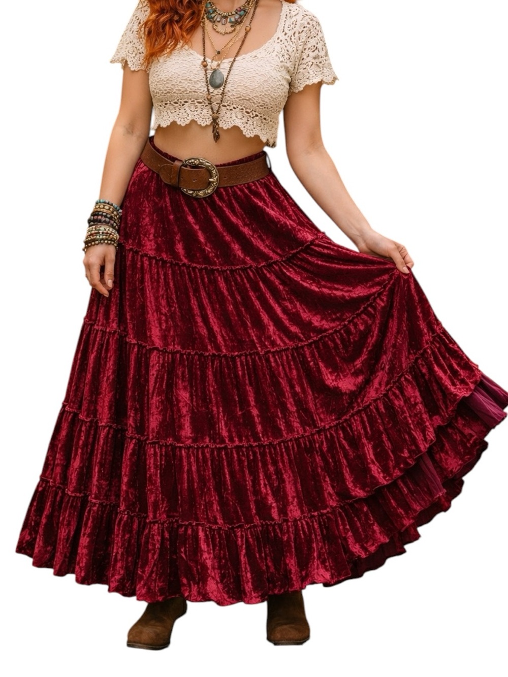 Bianca Nygard Burgundy Boho Chic Crushed Velvet Tiered Maxi Skirt Medium Large